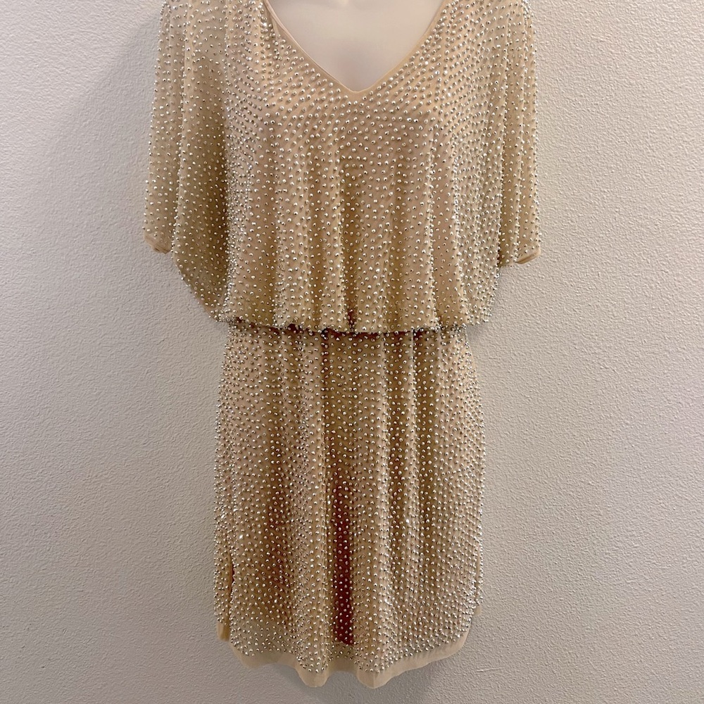 Embellished Cache Dress with Cold Shoulder
